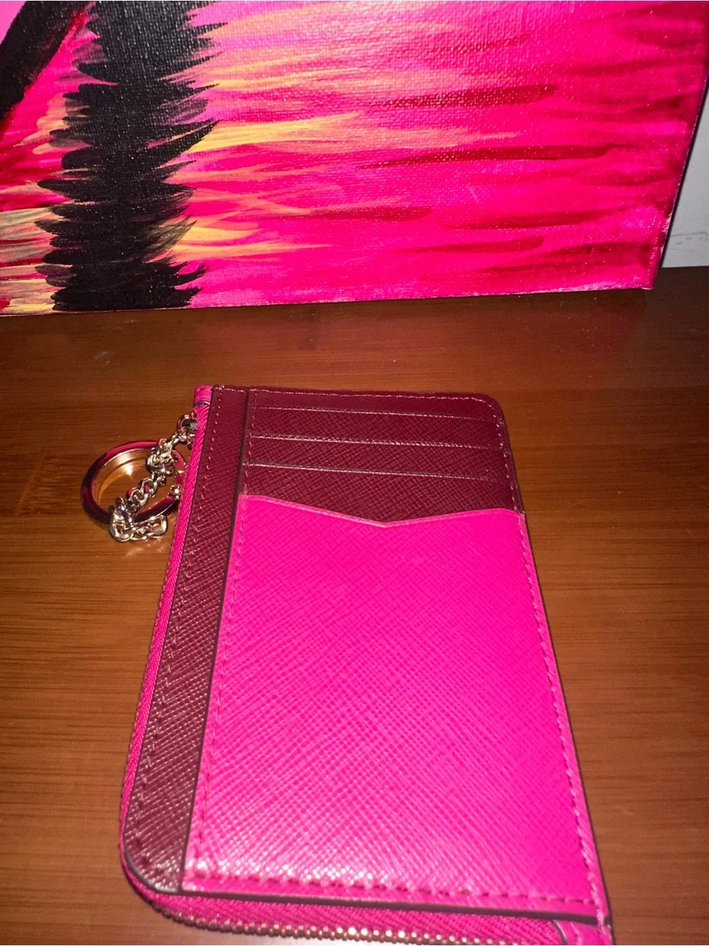 kate spade hot pink zip card case with keyring - Picture 3 of 6